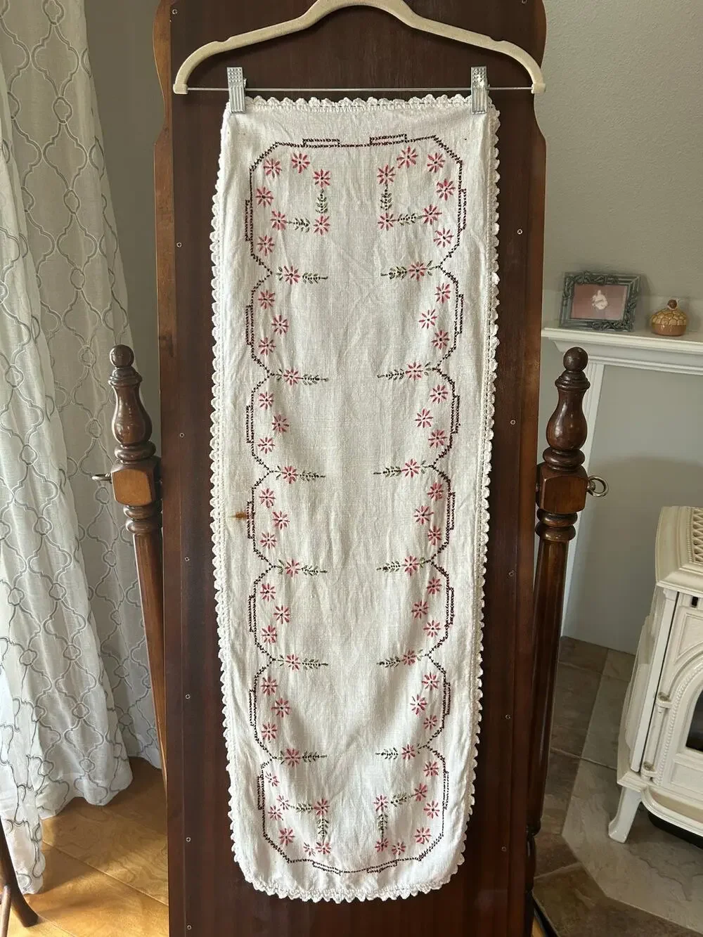 Vintage floral embroidered table runner MCM